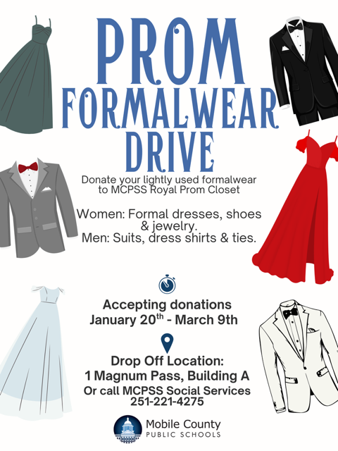 Graphic for a Prom Formalwear Drive from January 20 to March 9 at Mobile County Public Schools