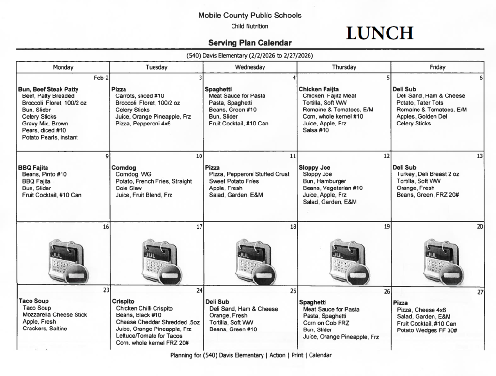 February Lunch Menu
