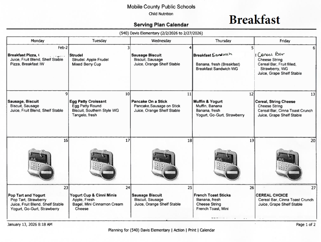February Breakfast Menus