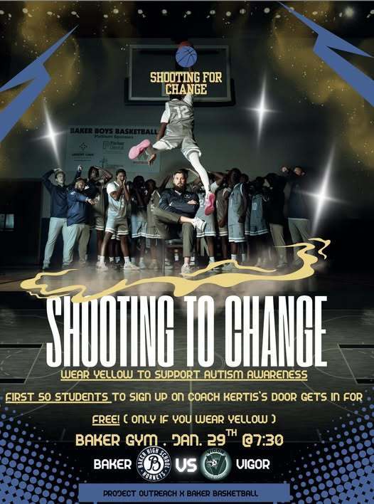 Graphic promoting "Shooting to Change," and encouraging fans to wear yellow to the Baker vs. Vigor basketball game