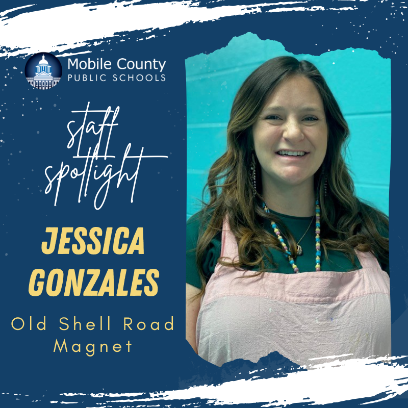 Staff spotlight graphic featuring Jessica Gonzales of Old Shell Road Magnet