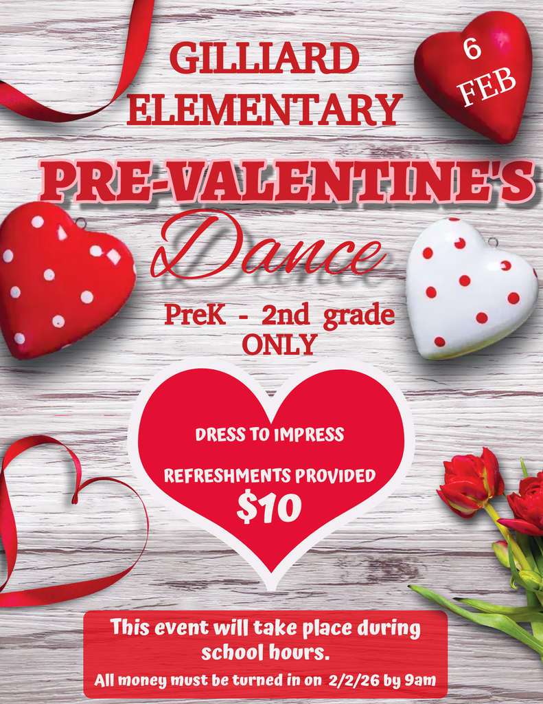 This is a gentle reminder that we will host our Annual Pre-Valentine's  Dance for students in grades PreK - 2nd grade. The dance will be held on Friday, February 6, 2026. This is such a fun event that the students enjoy. It will be held during school hours and is for students only. The cost to attend the dance is $10. Students should be sent to school dressed in their VALENTINE BEST. We will have our school technology team taking pictures for you to have for your memories of this event. The last day to pay for the dance is Monday, February 2nd at 12noon. 