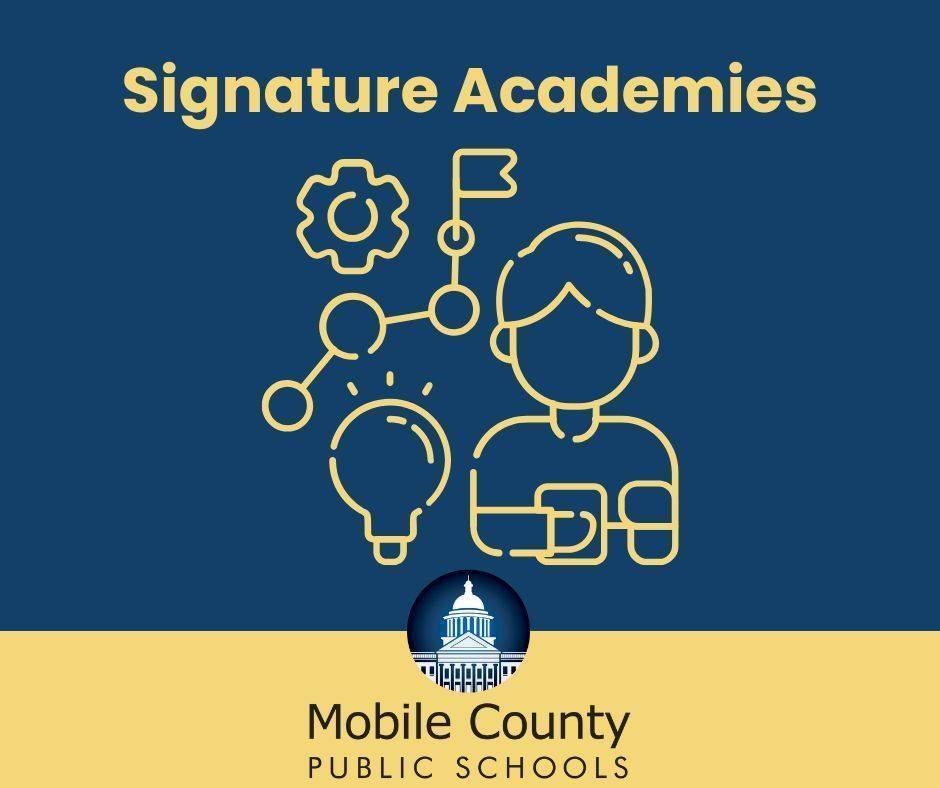 Signature Academies. Student surrounded by a lightbulb and gears. Mobile County Public Schools.