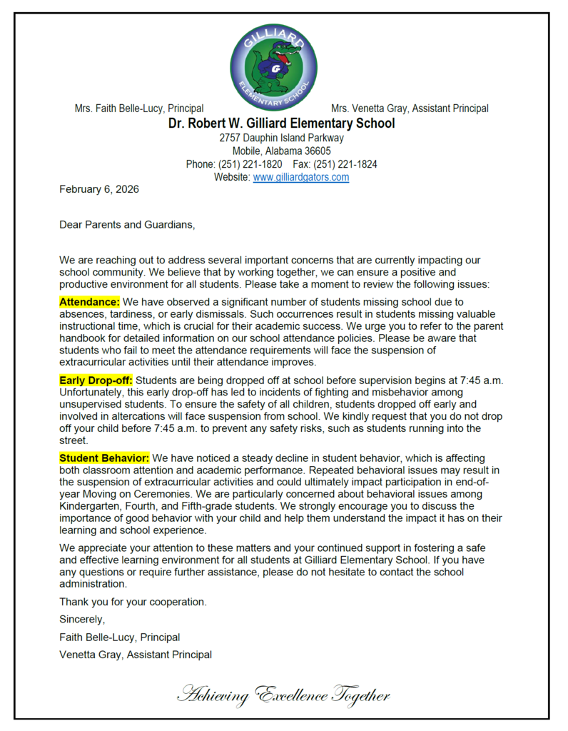 Parent notice regarding attendance, student behavior, and early drop off. 