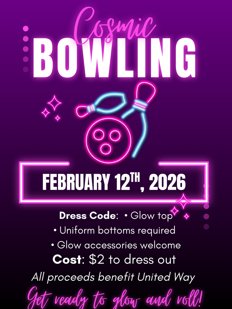 Glow Bowling fundraiser benefitting the United Way. Cost: $2. Wear a glow top with uniform pants and glow accessories (glow stick bracelets, necklaces, etc).