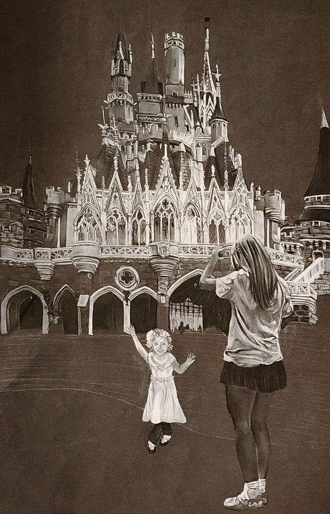 A drawing of a girl and mother in front of the Disney World castle