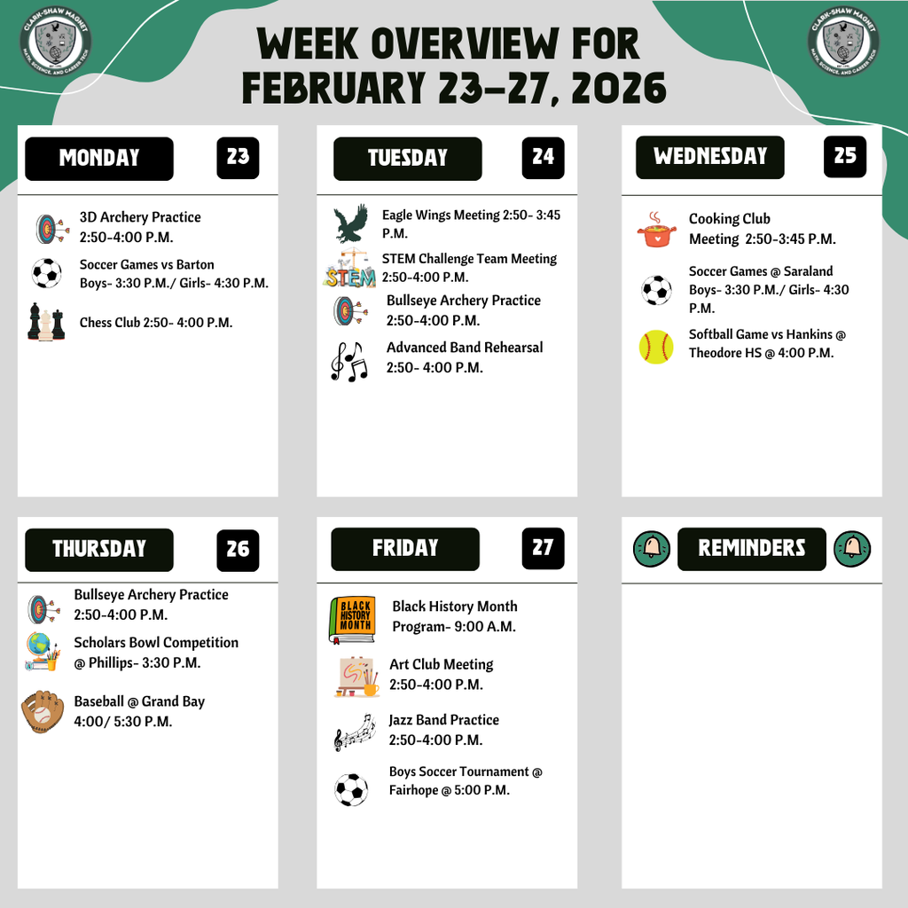 Week Overview Graphic- all events are listed on website under "Events"