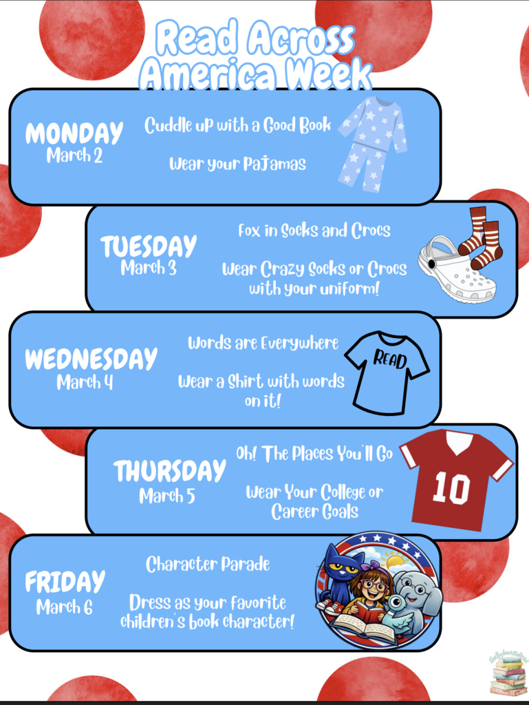 Dear Parents,  Next week, we will be celebrating Read Across America Week at Gilliard Elementary School. This is a wonderful opportunity for students to engage in a love for reading and participate in fun activities throughout the week. As part of the celebration, students are allowed to dress out of uniform. Please refer to the attached flyer for specific guidelines on the weekly dress code.  We encourage all students to join in the festivities and start the week with enthusiasm. However, it is important to note that if any student begins to act out of character, this privilege can be revoked by an administrator at any time during the week. We kindly ask you to speak with your child about maintaining their best behavior throughout this period.  We appreciate your cooperation and support in making this event successful and enjoyable for everyone. Thank you in advance for your help. We are eagerly looking forward to a week filled with fun and learning.  Event Dates: March 2nd - March 6th