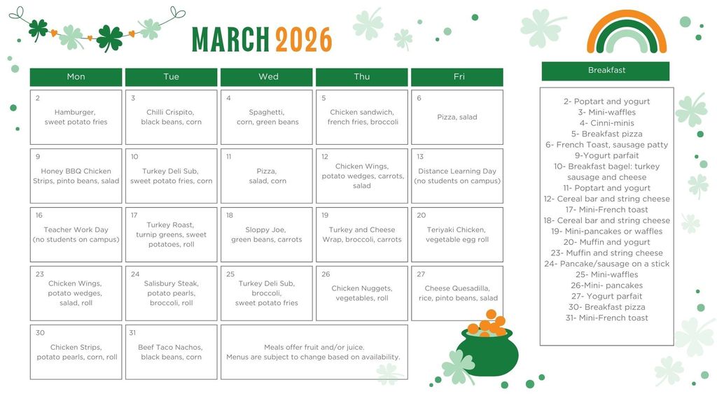 March Breakfast and Lunch Menus