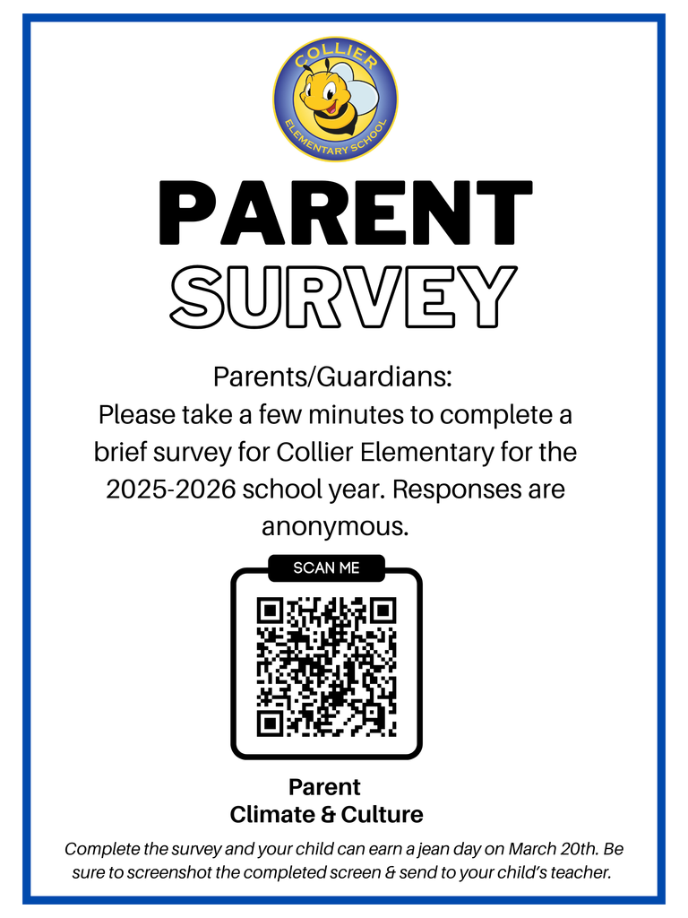 Fill out the parent survey to earn a jean day for your student on March 20th