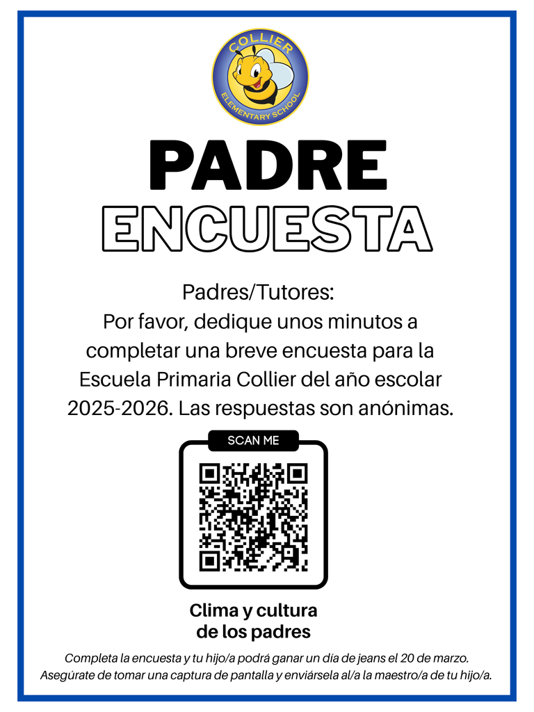 Fill out the parent survey to earn a jean day for your student on March 20th