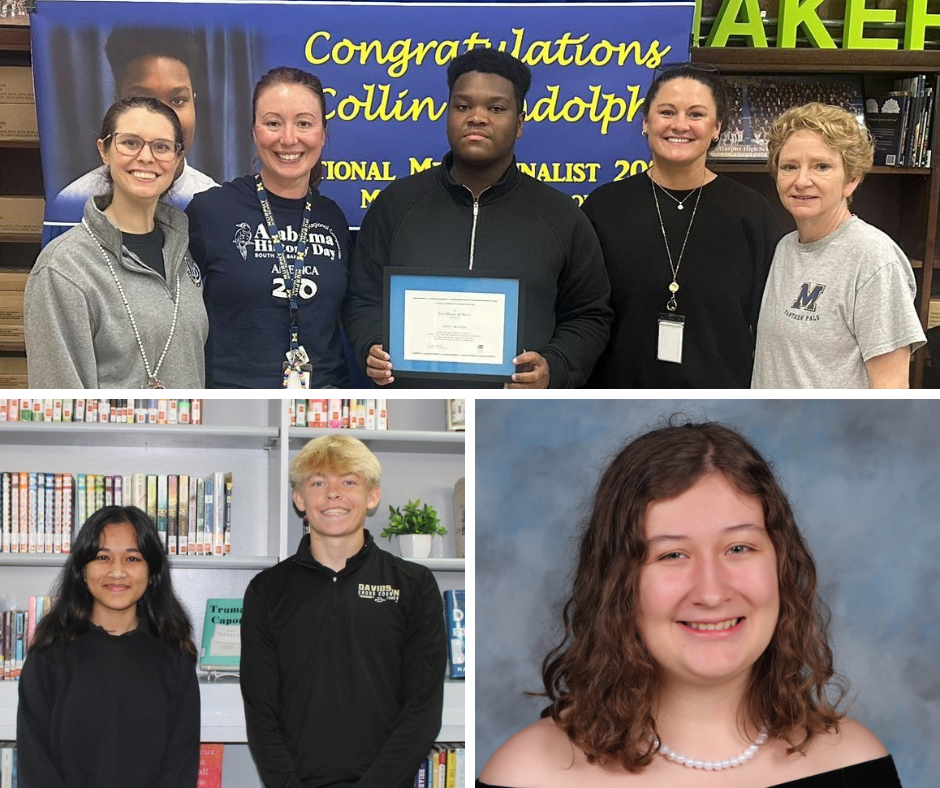 Photos of a student with his teachers, two students in a library, and a senior portrait of a high school girl
