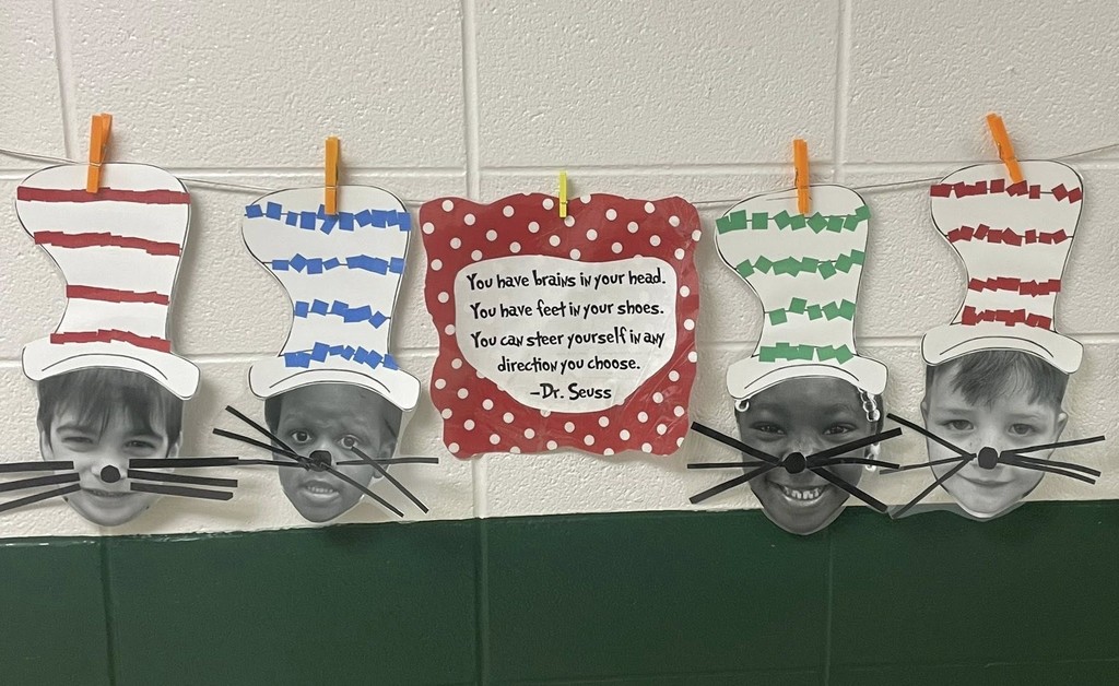 Photos of children with cat whiskers and colorful hats added