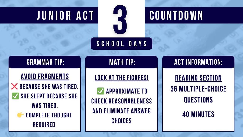3 School days until the ACT.