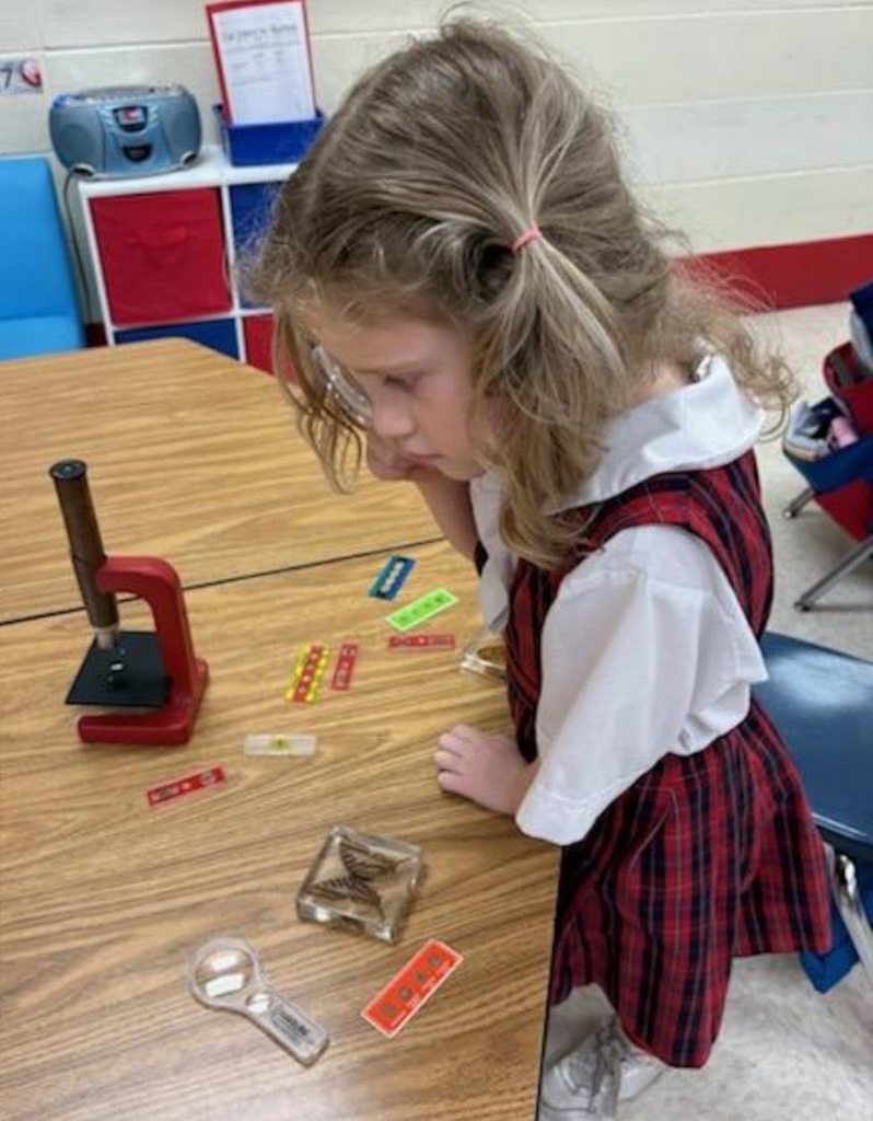 A girl looks through a microscope
