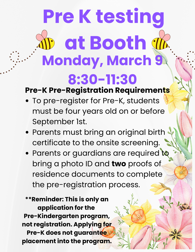 PreK testing at Booth Elementary tomorrow March 9 from 8:30 - 11:30 
