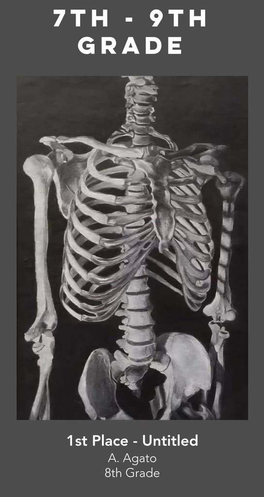A drawing of a skeleton by Aiva Agato, which won first place in an art contest