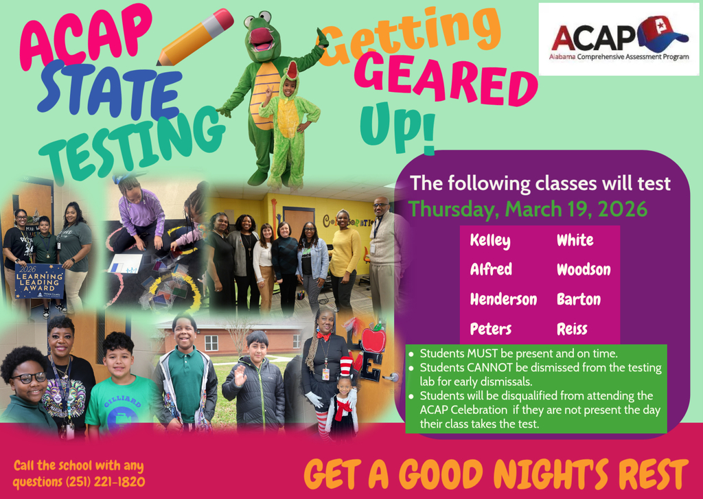 Parents this message is to remind you that your child is scheduled to take the ACAP State Assessment on Thursday, March 29, 2026. It is very important that your child is present and on time for school. Breakfast will end at 8:10 a.m. 