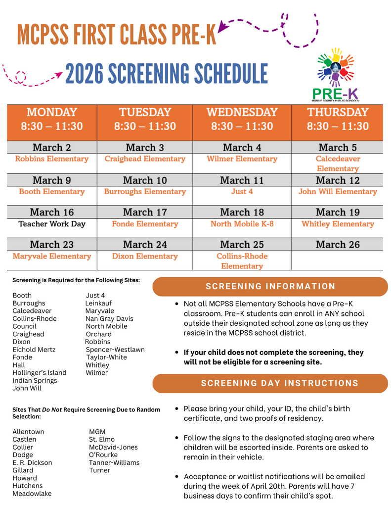 MCPSS Pre-K Screening Calendar 2026