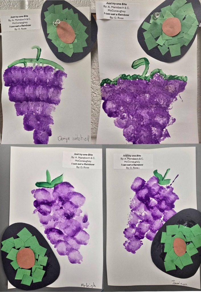 Colorful artwork of avocados bunches of grapes