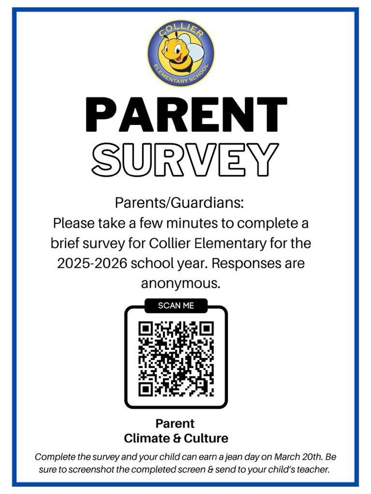Fill out the parent survey to earn your child a jean day on March 20th  