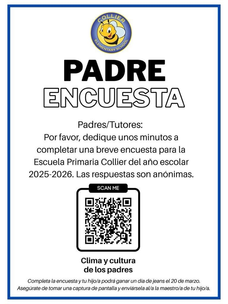 Fill out the parent survey to earn your child a jean day on March 20th  