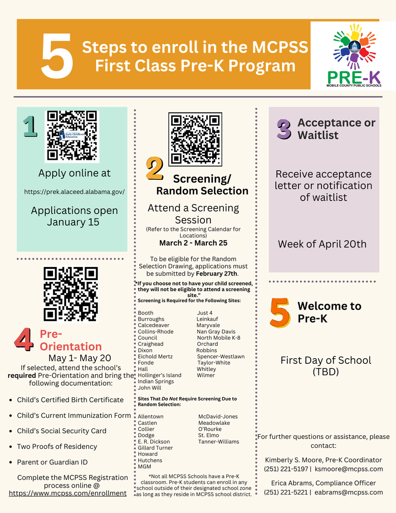 Steps to enroll in First Class Prek: Apply online at https:// prek.alaceed.alabama.gov/, attend a screening session, accept offer the week of April 20th, attend orientation, and attend the first day of school.