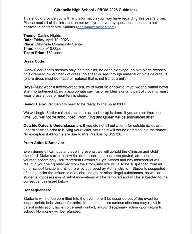 CHS PROM 2026 Parent Letter and Information
