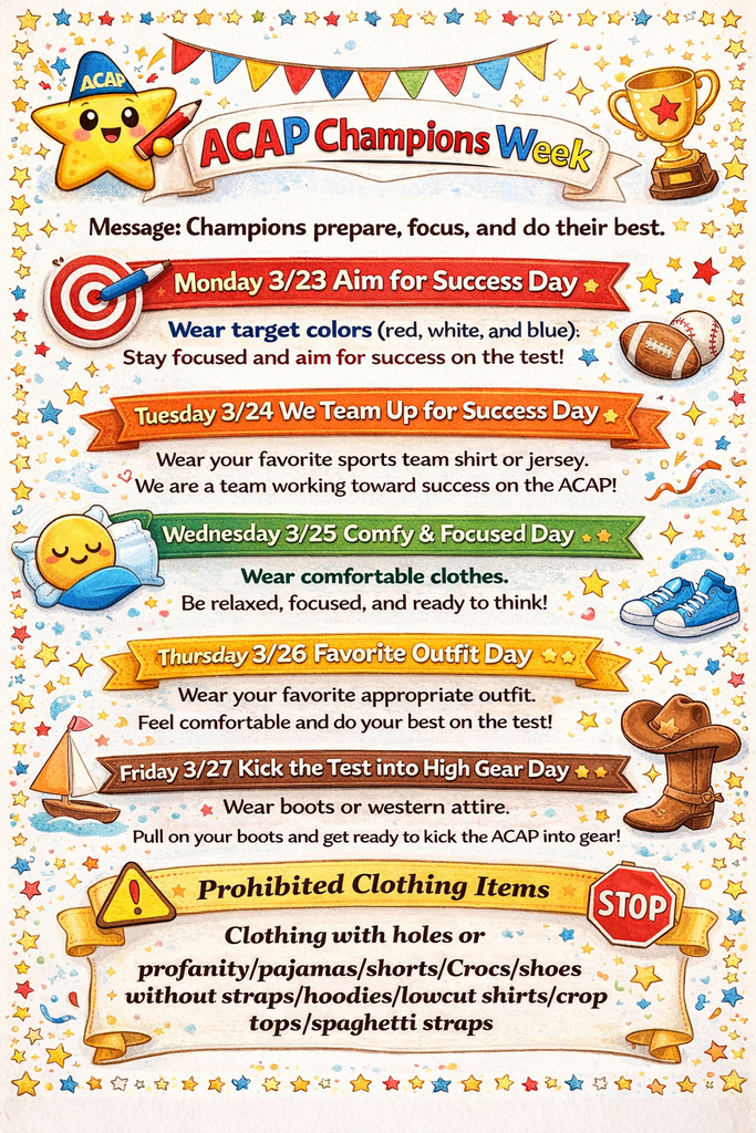 ACAP Champions Week – Let’s Stay Focused & Do Our Best! Help us get ready for ACAP testing with a fun week of dress-up days to boost confidence and focus!