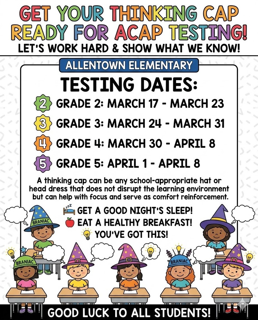 Colorful ACAP testing schedule for Allentown Elementary from image_13.png. Grade 2: 3/17-3/23; Grade 3: 3/24-3/31; Grade 4: 3/30-4/8; Grade 5: 4/1-4/8. Students are invited to wear school-appropriate hats to help with focus and comfort during testing.