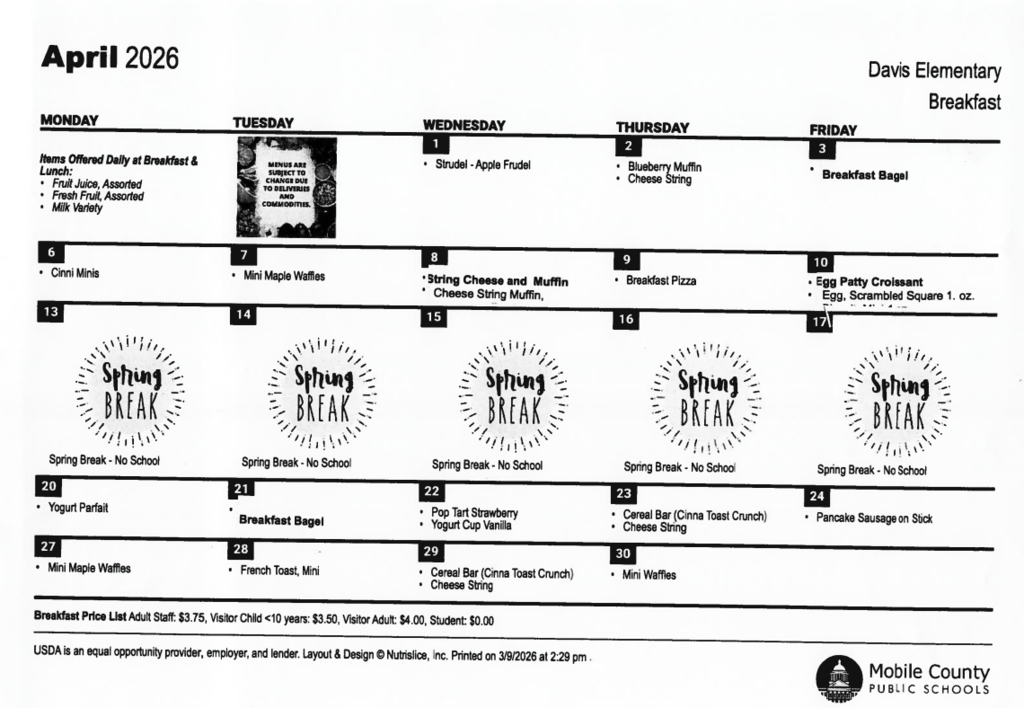 Breakfast Menu - April 2026