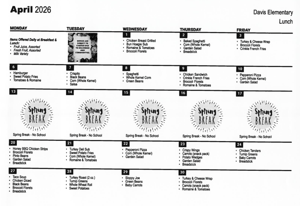 Lunch Menu - April 2026