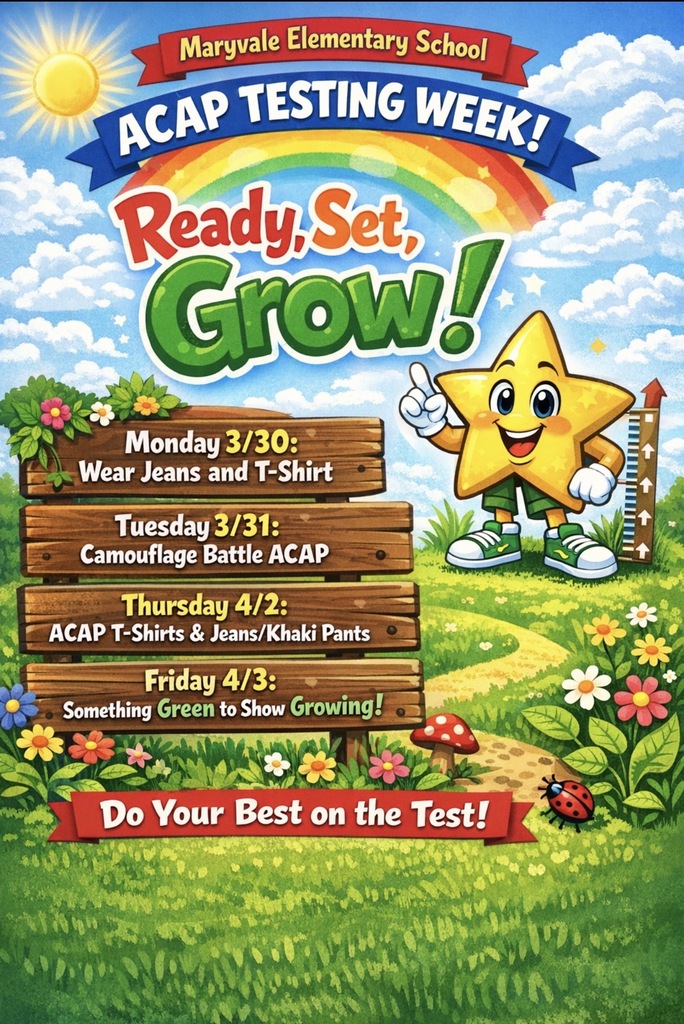We will continue ACAP testing this week! Join us in showing your spirit for ACAP. Students must adhere to the MCPSS dress code, and those with behavior concerns will not be permitted to participate in dress-out days.