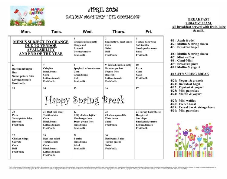 April lunch menu