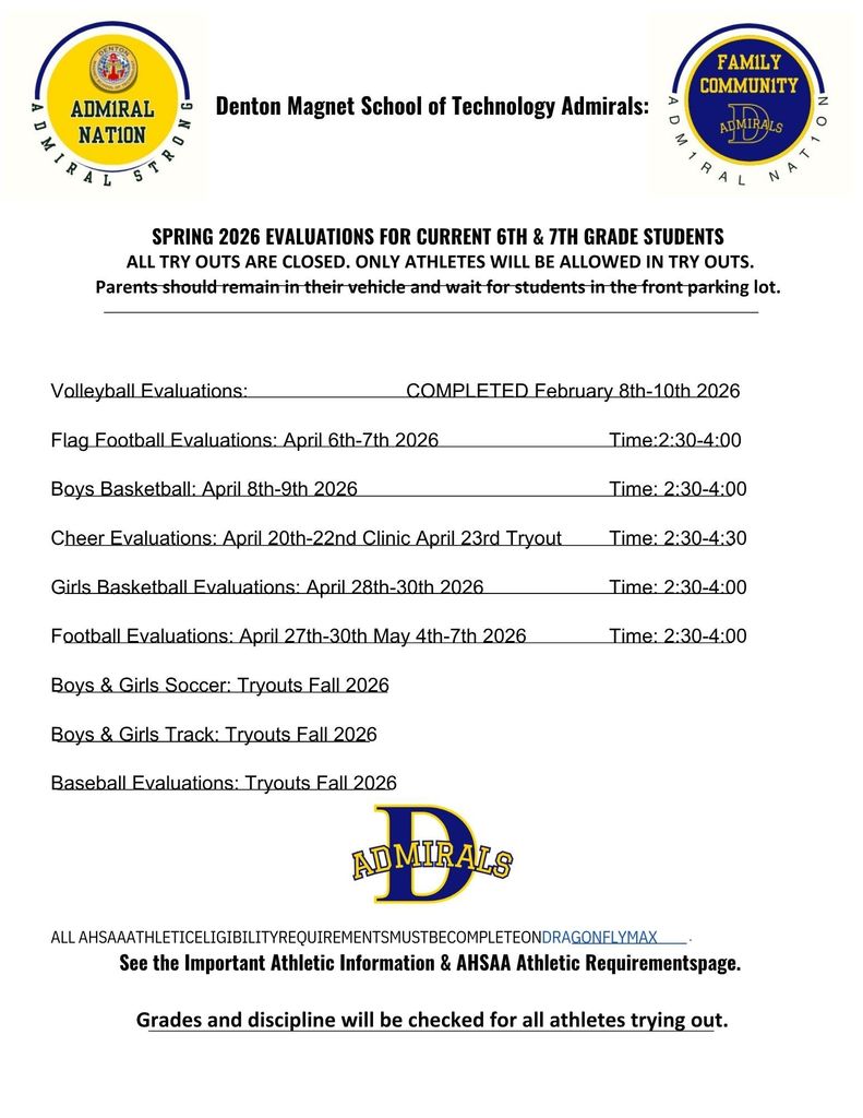 Fall/Winter Sports 2026-2027 Spring Evaluations Dates and Times
