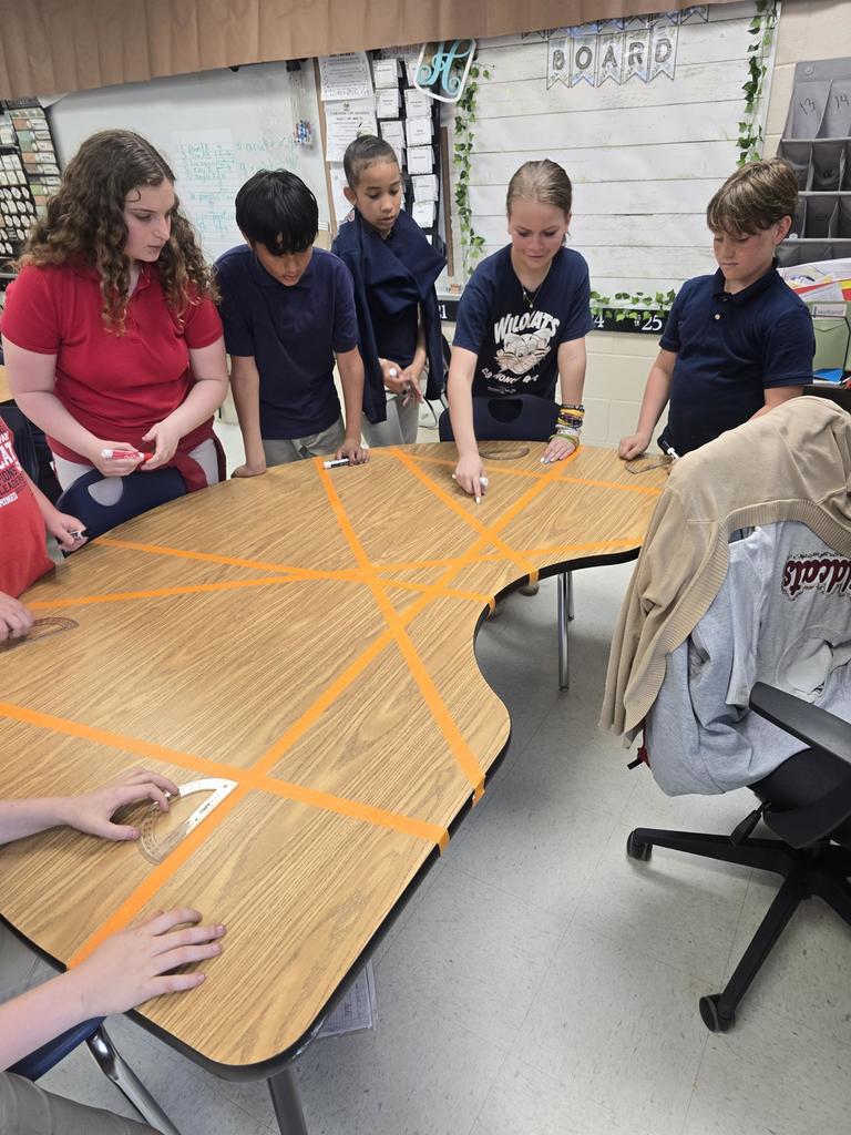 Mrs Holland's class measured acute, right, and obtuse angles using protractor on our classroom tables.
