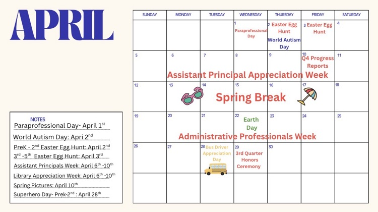 Burroughs Elementary April Calendar of events 