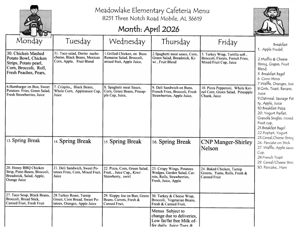 April breakfast and lunch menu