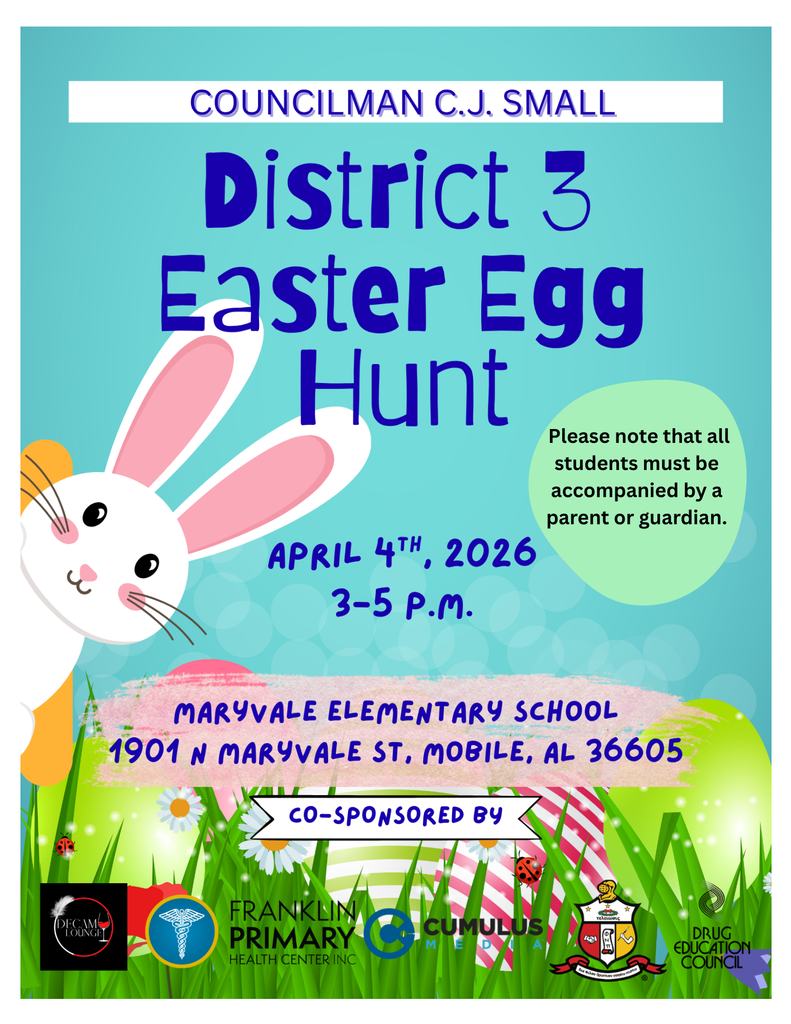 Hop on over and join us for the Councilman CJ Small District 3 Easter Egg Hunt at Maryvale Elementary this Saturday from 3:00–5:00 PM! 🐣🌸  Bring the whole family for an afternoon of fun, treats, and community celebration.  Please note: All children must be accompanied by a parent or guardian.