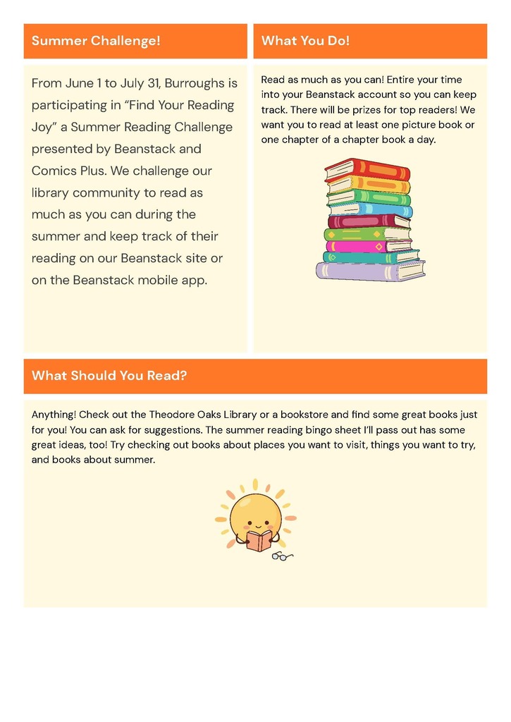 The reading challenge is open from June 1st to July 31st. Students should read as much as they can, but at least 1 picture book or 1 chapter from a chapter book a day. They are encouraged to go to the local library and check out books about what they want to do, places to visit, and summer.