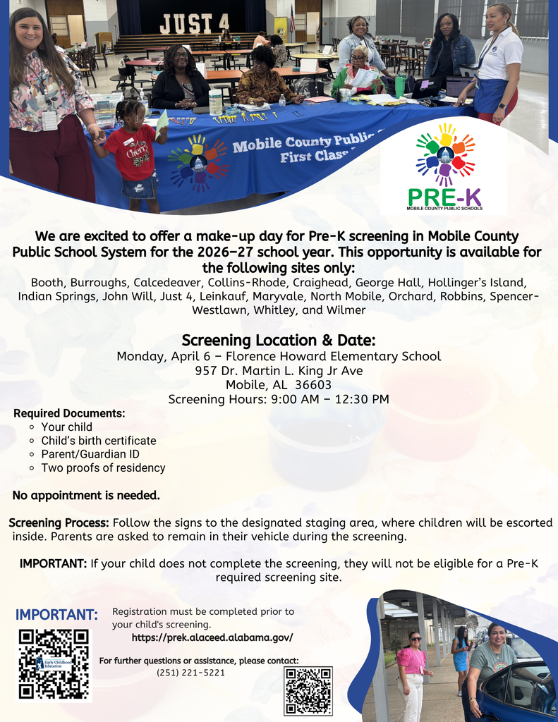 Pre-K last chance screener will be held on Monday April , 6, 2026!