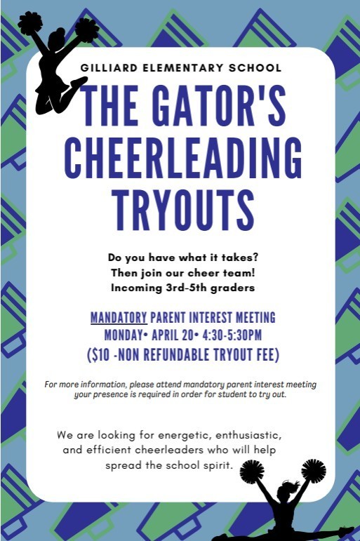 Parents if you are interested in your child trying out for a cheerleader for the 2026-2027 school year, please read the information in the attached flyer. There will be a MANDATORY meeting for parents on Monday, April 20, 2026 from 4:30 - 5:30 in the school cafeteria. Thank you. 