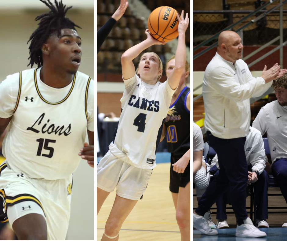 Photos of Corien Coleman and Madi-Marie Grayson playing basketball, and a photo of B.J. Evans clapping on the sideline