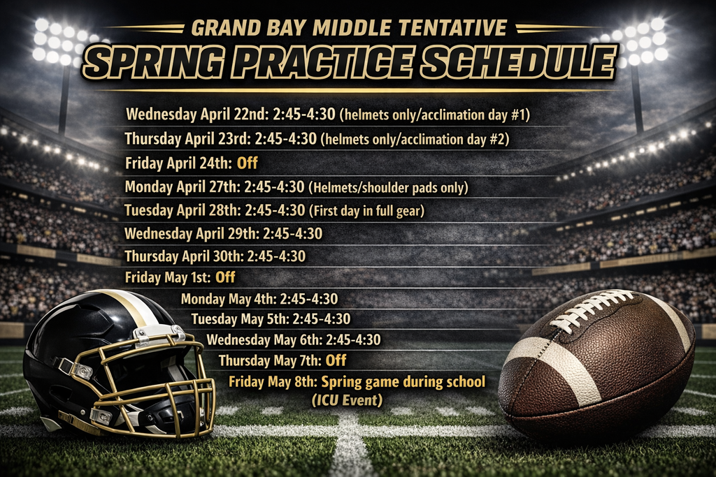 2026 Tentative Spring Practice Schedule Wednesday April 22nd: 2:45-4:30 (helmets only/acclimation day #1) Thursday April 23rd: 2:45-4:30 (helmets only/acclimation day #2) Friday April 24th: Off Monday April 27th: 2:45-4:30 (Helmets/shoulder pads only) Tuesday April 28th: 2:45-4:30 (First day in full gear) Wednesday April 29th: 2:45-4:30 Thursday April 30th: 2:45-4:30 Friday May 1st: Off Monday May 4th: 2:45-4:30 Tuesday May 5th: 2:45-4:30 Wednesday May 6th: 2:45-4:30 Thursday May 7th: Off Friday May 8th: Spring game during school (ICU Event)