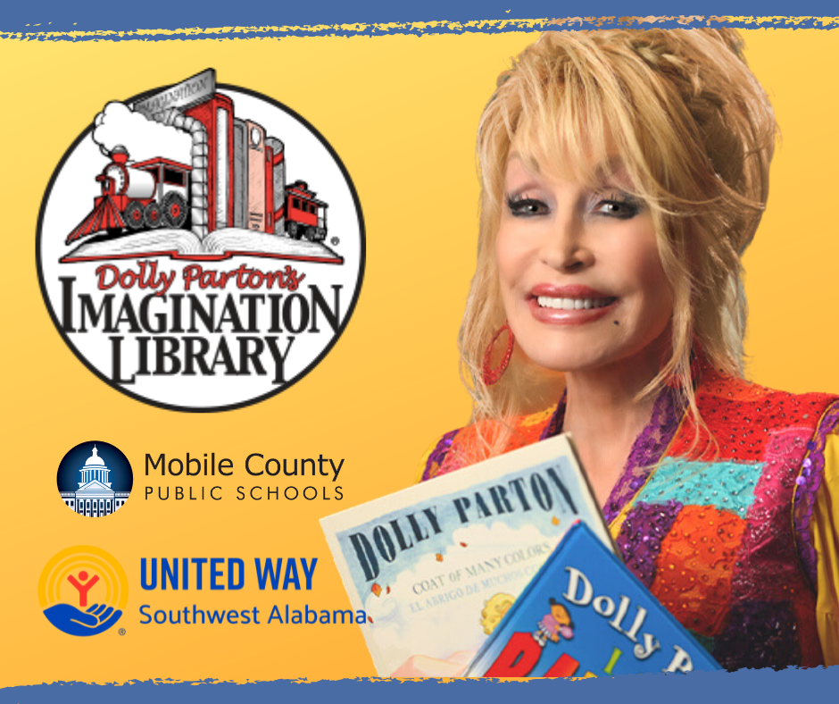 Imagination Library graphic of Dolly Parton holding books in partnership with Mobile County Public Schools and United Way Southwest Alabama.
