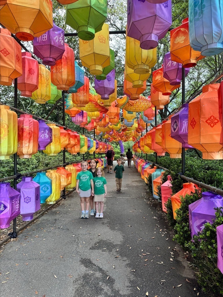 Meadowlake students standing in a colorful tunnel made out of Chinese lanterns.