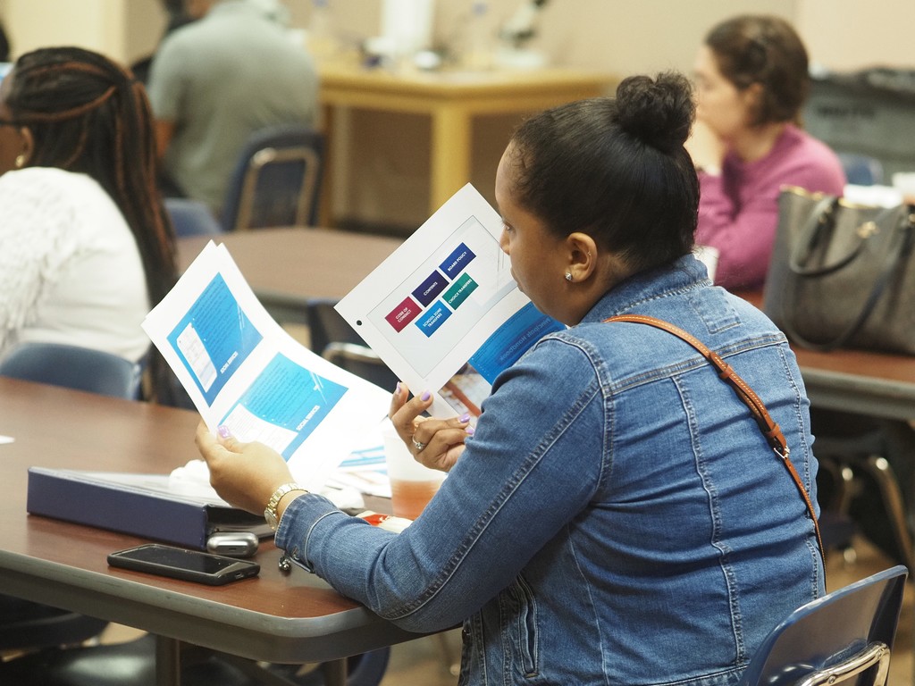 Class member looks at handouts
