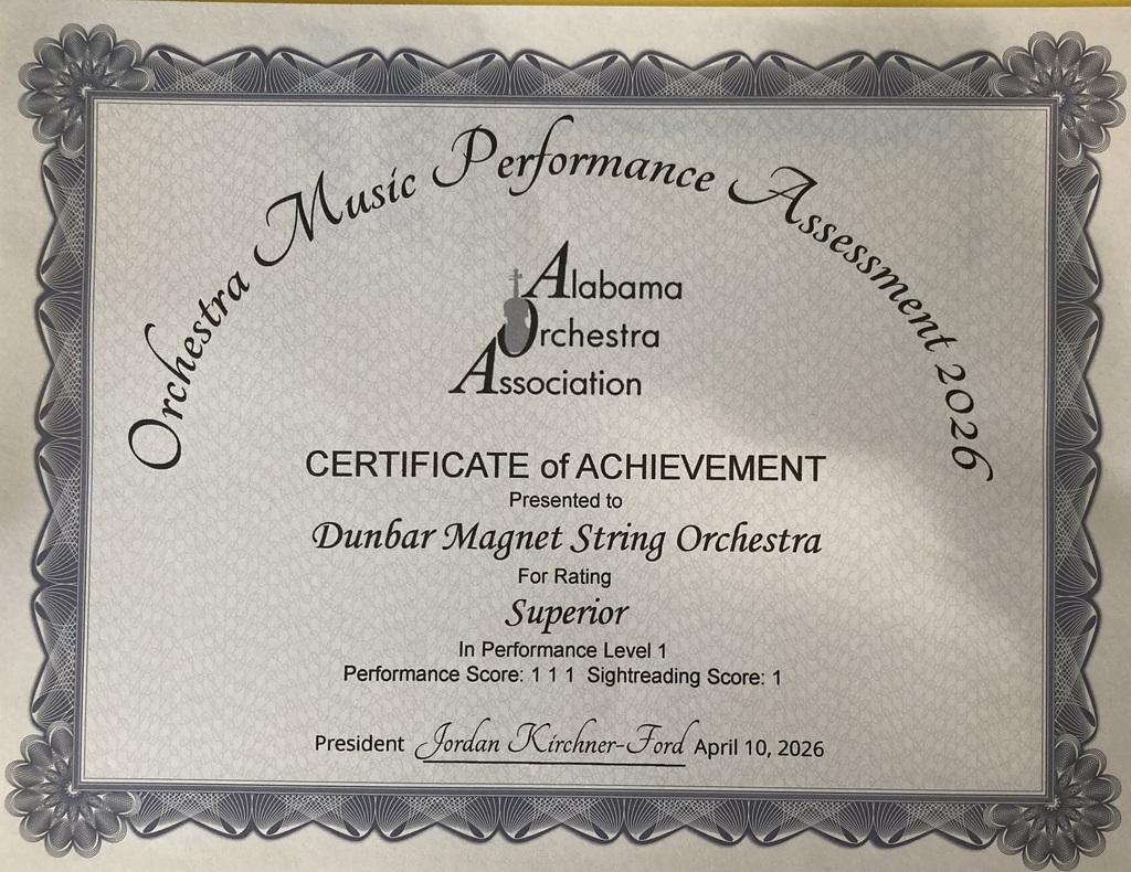 Official certificate from the Alabama Orchestra Association showing that the group has made superior ratings on stage and in sightreading.