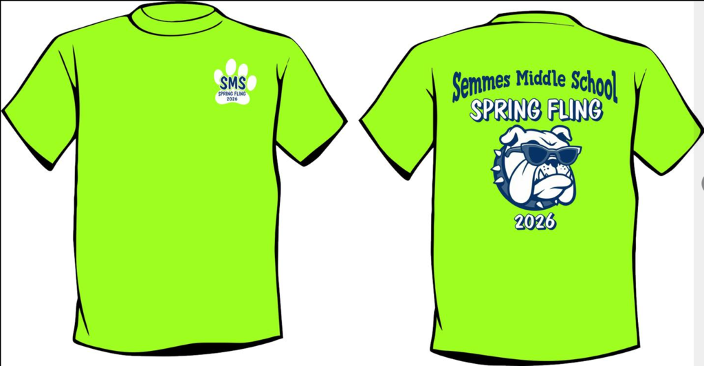 Bright neon green T-shirt shown from the front and back. The front features a small white paw print logo on the left chest with the text “SMS Spring Fling 2026.” The back displays “Semmes Middle School Spring Fling 2026” in blue and white lettering above a bulldog mascot wearing sunglasses.