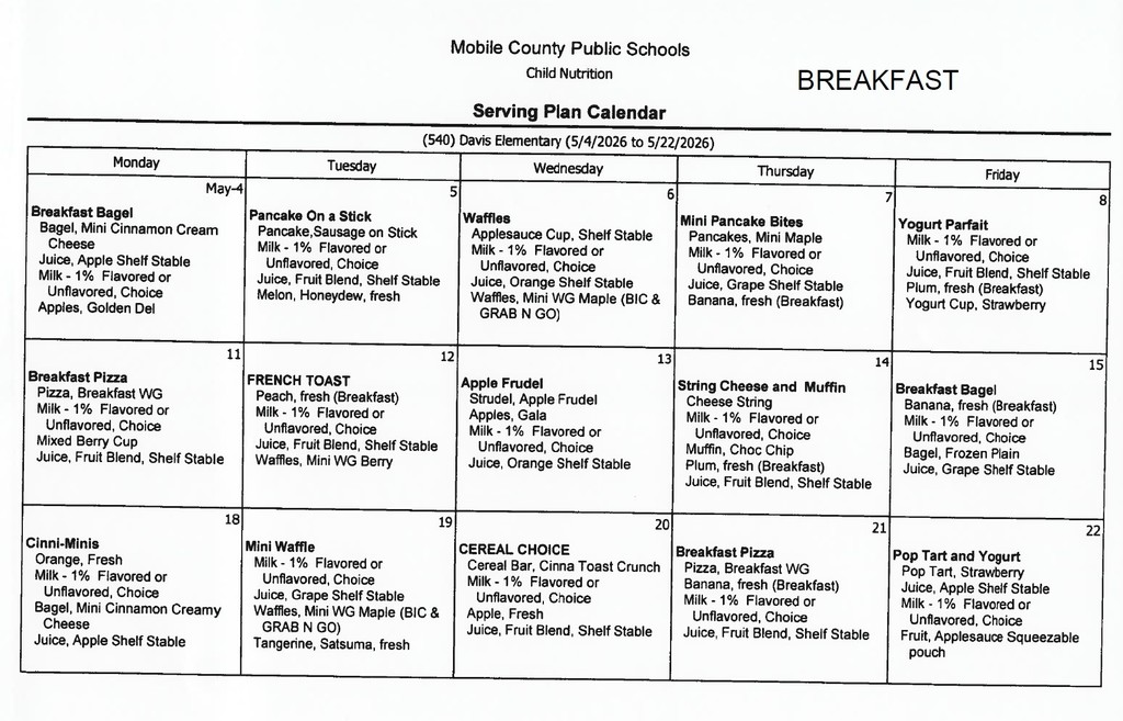 May 2026 Breakfast Menu